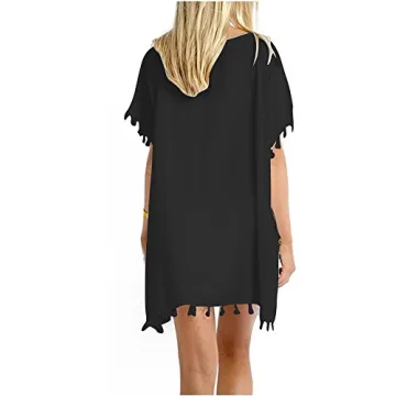 GDKEY Women Chiffon Tassel Swimsuit Cover Up Black
