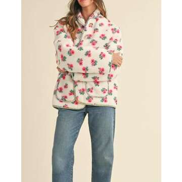 Dqbeng Womens Floral Print Sherpa Fleece Jackets Fuzzy Button Down Coat Warm Outwear with Pockets (Cream-S)