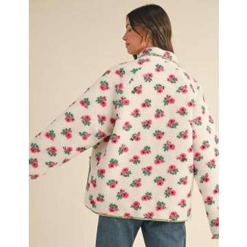 Dqbeng Womens Floral Print Sherpa Fleece Jackets Fuzzy Button Down Coat Warm Outwear with Pockets (Cream-S)