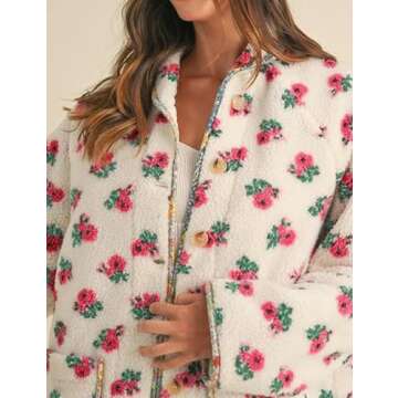 Dqbeng Womens Floral Print Sherpa Fleece Jackets Fuzzy Button Down Coat Warm Outwear with Pockets (Cream-S)