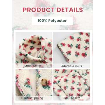 Dqbeng Womens Floral Print Sherpa Fleece Jackets Fuzzy Button Down Coat Warm Outwear with Pockets (Cream-S)