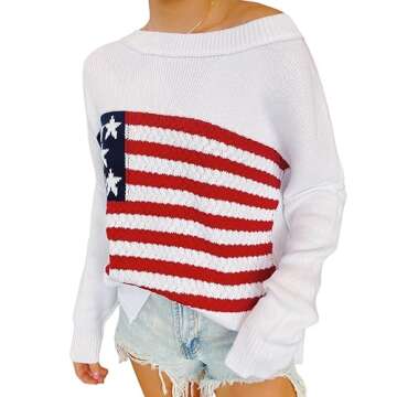 Women American Flag Sweater Vintage Print Long Sleeve Crewneck Knitted Jumper 90s Aesthetic Knit Pul...