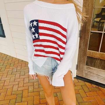 Women American Flag Sweater Vintage Print Long Sleeve Crewneck Knitted Jumper 90s Aesthetic Knit Pullover Streetwear(White,L)