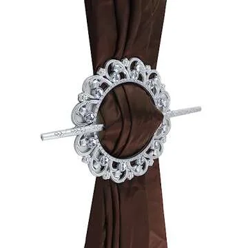 Mewutal 2 Pack Silver Curtain Tiebacks Round Curtain Holdbacks Plastic Curtain Clips Buckle Drapery Holdbacks Crystal Drapery Tiebacks for Home Window Decoration, with Fixing Rod (12 Crystals, Silver)