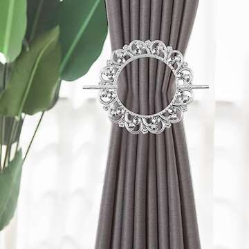 Mewutal 2 Pack Silver Curtain Tiebacks Round Curtain Holdbacks Plastic Curtain Clips Buckle Drapery Holdbacks Crystal Drapery Tiebacks for Home Window Decoration, with Fixing Rod (12 Crystals, Silver)