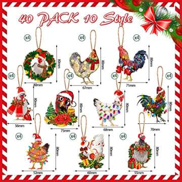 40 Pack Funny Christmas Chicken Ornament Set Scarf Chicken Holiday Decoration Chicken Ornaments for Christmas Tree Outdoor Hanging Christmas Ornaments