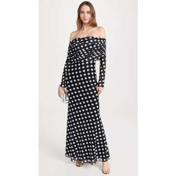AFRM Women's Thelma Off The Shoulder Marrowed Edge Maxi Dress, Diagonal Dot, Black, Print, XS