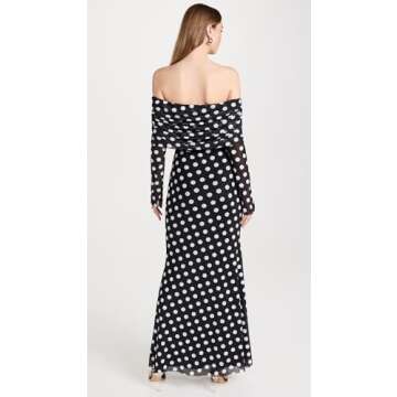 AFRM Women's Thelma Off The Shoulder Marrowed Edge Maxi Dress, Diagonal Dot, Black, Print, XS