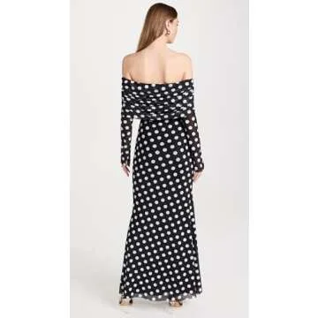 AFRM Women's Thelma Off The Shoulder Marrowed Edge Maxi Dress, Diagonal Dot, Black, Print, XS