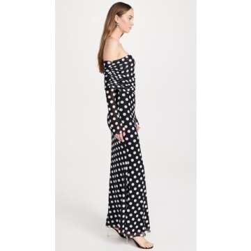 AFRM Women's Thelma Off The Shoulder Marrowed Edge Maxi Dress, Diagonal Dot, Black, Print, XS
