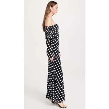 AFRM Women's Thelma Off The Shoulder Marrowed Edge Maxi Dress, Diagonal Dot, Black, Print, XS