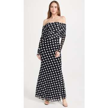 AFRM Women's Thelma Off The Shoulder Marrowed Edge Maxi Dress, Diagonal Dot, Black, Print, XS