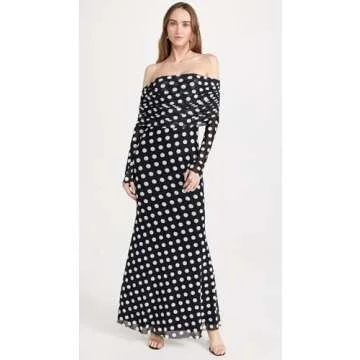 AFRM Women's Thelma Off The Shoulder Marrowed Edge Maxi Dress, Diagonal Dot, Black, Print, XS