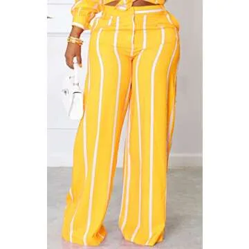 Remelon Women's Casual Two Piece Outfits Striped Long Sleeve Collar Button Down Shirt Blouse High Waist Wide Leg Pants Sets Yellow L