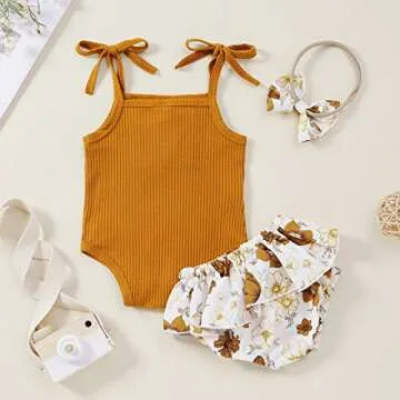Saliuentm Baby Girl Summer Clothes Tank Top Onesies Floral Bloomers Shorts Ribbed Halter Romper Bodysuit 3Pcs Newborn Summer Outfit (B-Khaki, 3-6 Months)