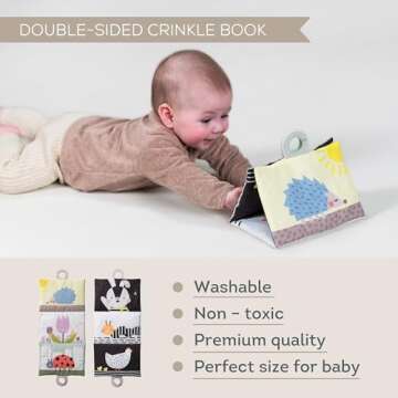 Taf Toys Tummy Time black & white Double-Sided Crinkle Book & Baby tummy time Development Cushion Sensory Stimulation for Newborn Development ergonomic tummy time toy Baby Toys 0-6 Months Sensory Toys