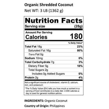 Anna and Sarah Organic Shredded Coconut, Unsweetened, Medium-Size, Perfect for Recipes, All Natural Flakes, in Resealable Bag, 3 Lbs
