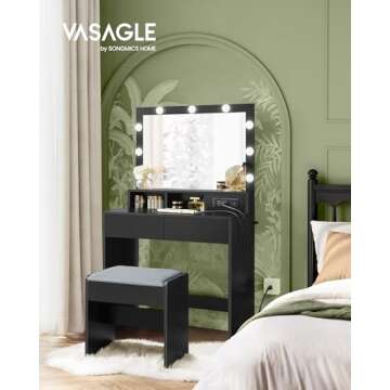 VASAGLE Vanity Desk with Power Outlets, Makeup Vanity with Mirror and Lights, with Upholstered Vanity Stool, 9 Dimmable LED Lights, 2 Compartments, 2 Drawers, for Bedroom, Ink Black URDT029B01