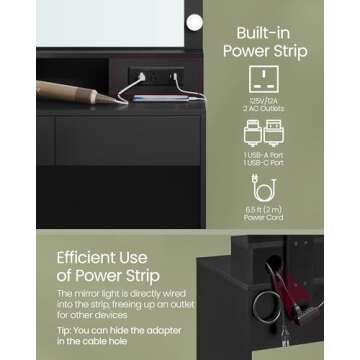 VASAGLE Vanity Desk with Power Outlets, Makeup Vanity with Mirror and Lights, with Upholstered Vanity Stool, 9 Dimmable LED Lights, 2 Compartments, 2 Drawers, for Bedroom, Ink Black URDT029B01