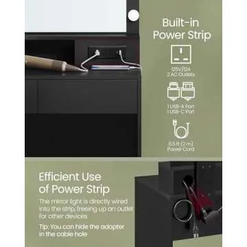 VASAGLE Vanity Desk with Power Outlets, Makeup Vanity with Mirror and Lights, with Upholstered Vanity Stool, 9 Dimmable LED Lights, 2 Compartments, 2 Drawers, for Bedroom, Ink Black URDT029B01