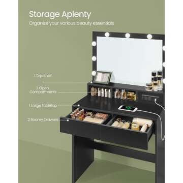 VASAGLE Vanity Desk with Power Outlets, Makeup Vanity with Mirror and Lights, with Upholstered Vanity Stool, 9 Dimmable LED Lights, 2 Compartments, 2 Drawers, for Bedroom, Ink Black URDT029B01