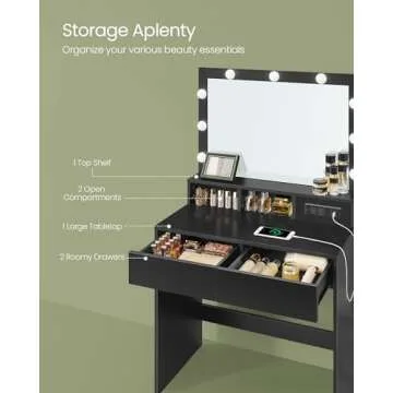 VASAGLE Vanity Desk with Power Outlets, Makeup Vanity with Mirror and Lights, with Upholstered Vanity Stool, 9 Dimmable LED Lights, 2 Compartments, 2 Drawers, for Bedroom, Ink Black URDT029B01