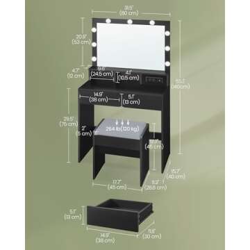 VASAGLE Vanity Desk with Power Outlets, Makeup Vanity with Mirror and Lights, with Upholstered Vanity Stool, 9 Dimmable LED Lights, 2 Compartments, 2 Drawers, for Bedroom, Ink Black URDT029B01