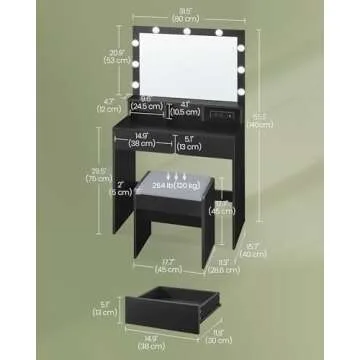 VASAGLE Vanity Desk with Power Outlets, Makeup Vanity with Mirror and Lights, with Upholstered Vanity Stool, 9 Dimmable LED Lights, 2 Compartments, 2 Drawers, for Bedroom, Ink Black URDT029B01