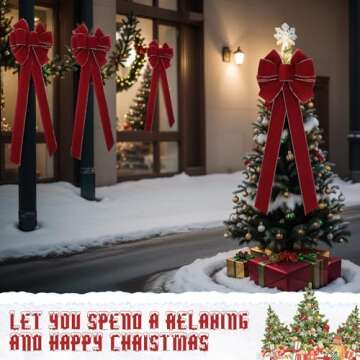 Yinkin 4 Pcs Extra Large Christmas Bows 15'' x 44'' Velvet Christmas Tree Topper Bows Holiday Vintag...