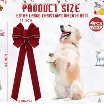 Yinkin 4 Pcs Extra Large Christmas Bows 15'' x 44'' Velvet Christmas Tree Topper Bows Holiday Vintage Handmade Wreath Ornament for Gift Wrapping Xmas Outdoor Indoor Decor(Wine,Classic Style)