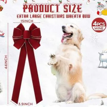 Yinkin 4 Pcs Extra Large Christmas Bows 15'' x 44'' Velvet Christmas Tree Topper Bows Holiday Vintage Handmade Wreath Ornament for Gift Wrapping Xmas Outdoor Indoor Decor(Wine,Classic Style)
