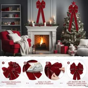 Yinkin 4 Pcs Extra Large Christmas Bows 15'' x 44'' Velvet Christmas Tree Topper Bows Holiday Vintage Handmade Wreath Ornament for Gift Wrapping Xmas Outdoor Indoor Decor(Wine,Classic Style)