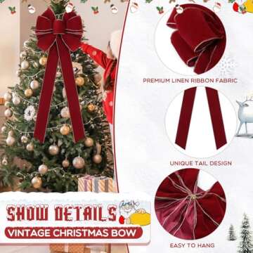 Yinkin 4 Pcs Extra Large Christmas Bows 15'' x 44'' Velvet Christmas Tree Topper Bows Holiday Vintage Handmade Wreath Ornament for Gift Wrapping Xmas Outdoor Indoor Decor(Wine,Classic Style)