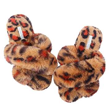HALLUCI Women's Cross Band Soft Plush Fleece House Indoor or Outdoor Slippers (Medium, Brown/Leopard)