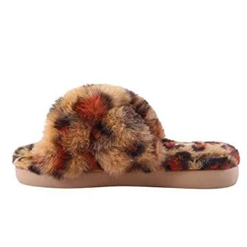 HALLUCI Women's Cross Band Soft Plush Fleece House Indoor or Outdoor Slippers (Medium, Brown/Leopard)