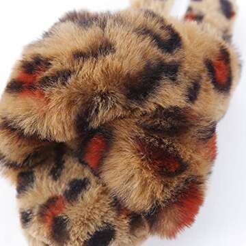 HALLUCI Women's Cross Band Soft Plush Fleece House Indoor or Outdoor Slippers (Medium, Brown/Leopard)