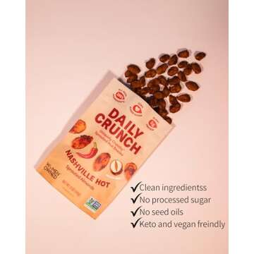 Daily Crunch Sprouted Almonds, 5 Ounce Resealable Bags (Nashville Hot, 2 Pack) Packaging May Vary - Sprouted and Dehydrated for a Unique Crunch, Keto Friendly, Non-GMO, Oil and Salt Free, Vegan, Healthy Snack