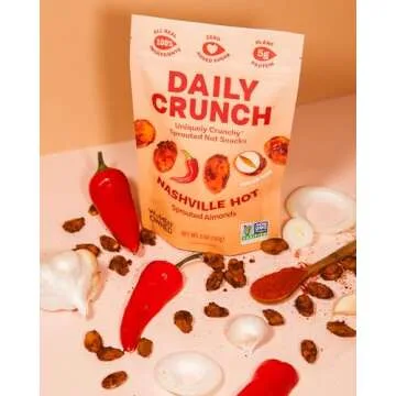 Daily Crunch Sprouted Almonds, 5 Ounce Resealable Bags (Nashville Hot, 2 Pack) Packaging May Vary - Sprouted and Dehydrated for a Unique Crunch, Keto Friendly, Non-GMO, Oil and Salt Free, Vegan, Healthy Snack