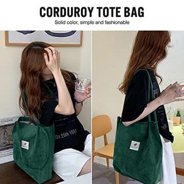Women Tote Bags Grocery Shoulder Bag Corduroy with Inner Pocket for Work Beach Lunch Travel Shopping Shopper Handbags