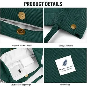 Women Tote Bags Grocery Shoulder Bag Corduroy with Inner Pocket for Work Beach Lunch Travel Shopping Shopper Handbags