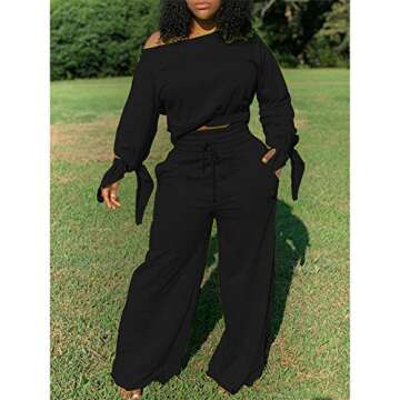 Rela Bota Women's Fashion 2 Piece Jumpsuits Jogger Tracksuits Long Sleeve Sweatshirt Wide Leg Pant Set Workout Loungewear Black L