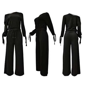 Rela Bota Women's Fashion 2 Piece Jumpsuits Jogger Tracksuits Long Sleeve Sweatshirt Wide Leg Pant Set Workout Loungewear Black L