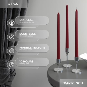 Burgundy Taper Candles Dripless Smokeless Elegant