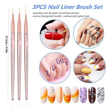 FULINJOY 3 Pcs Rose Gold Nail Art Liner Brushes Set, UV Gel Acrylic Application Nail Pens Nail Art D...