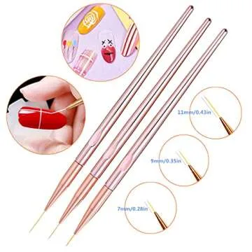 FULINJOY 3 Pcs Rose Gold Nail Art Liner Brushes Set, UV Gel Acrylic Application Nail Pens Nail Art Designs Tools(7mm/9mm/11mm)