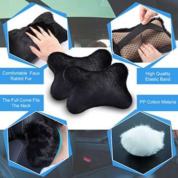 2 Pcs Furry Car Neck Pillows Black, Car Headrest Pillows Fluffy, Bone Shaped Plushy Faux Fur Neck Pillows for Car Seat Decorative, Comfortable Soft Neck Support Pillows for Car Headrest