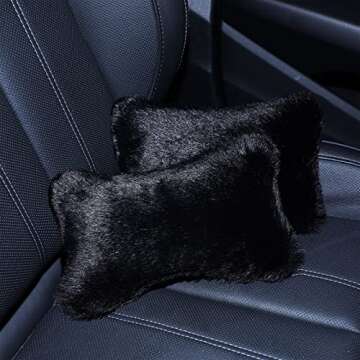 2 Pcs Furry Car Neck Pillows Black, Car Headrest Pillows Fluffy, Bone Shaped Plushy Faux Fur Neck Pillows for Car Seat Decorative, Comfortable Soft Neck Support Pillows for Car Headrest
