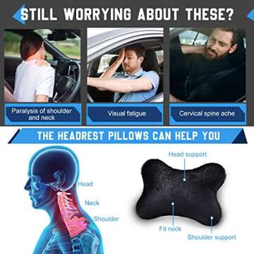 2 Pcs Furry Car Neck Pillows Black, Car Headrest Pillows Fluffy, Bone Shaped Plushy Faux Fur Neck Pillows for Car Seat Decorative, Comfortable Soft Neck Support Pillows for Car Headrest