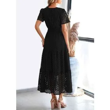 PRETTYGARDEN Women's 2025 Summer Maxi Dress – Elegant Eyelet V Neck Black
