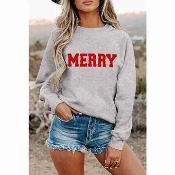 BOUTIKOME Merry Christmas Sweatshirts for Women Glitter Patch Merry Letter Shirts Chenille Patch Oversized Pullover Tops(Grey-71,S)